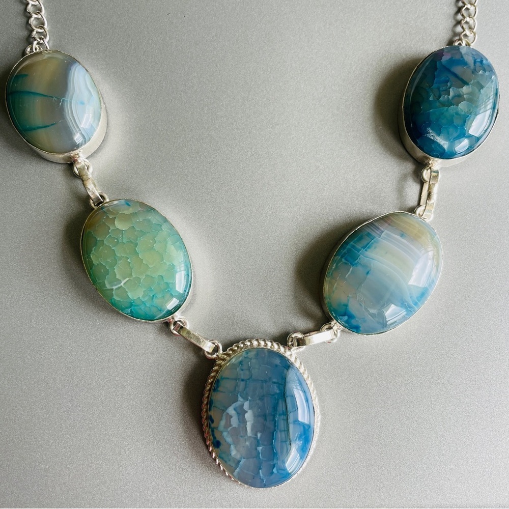 Dragon Veins Blue Agate Chain Necklace in Sterling Silver